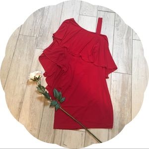 London Times Red One Shoulder Draped Dress